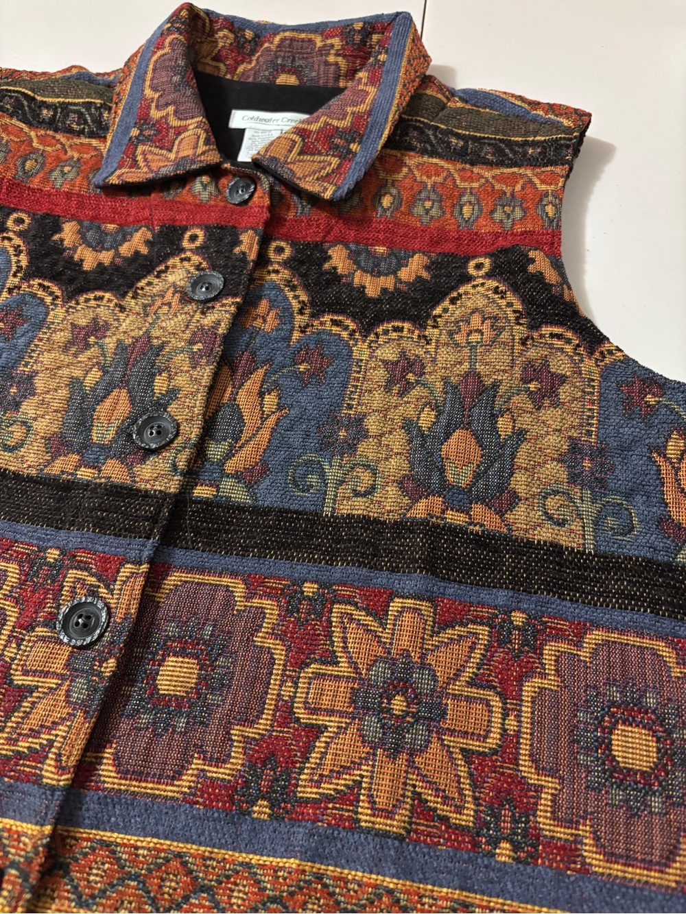 Vintage Coldwater Creek Jacquard Vest Floral Tapestry Boho Chic Grandma Granola